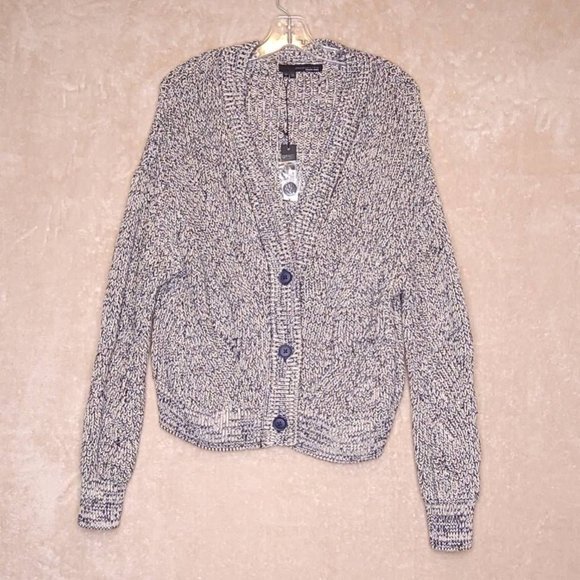 360 Sweater Womens Cardigan Gray Navy Long Sleeve V Neck Tight Knit Button M New - Picture 1 of 8